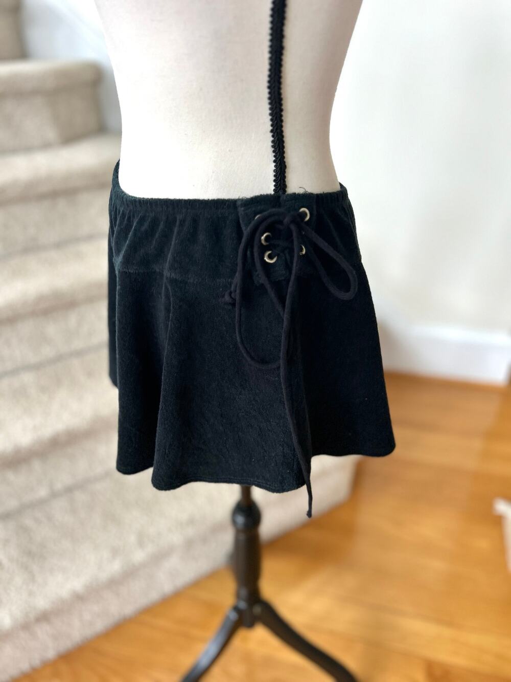 Vintage Miken Y2K Black Terry Cloth Lace Up Side Micro Mini Skirt Coquette